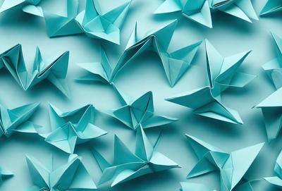 The primary subject of the image is a large number of origami stars arranged on a blue surface. The setting is a wall, and the visual style is a combination of photo and digital art. The colors are predominantly blue, and the overall atmosphere is calm and creative.