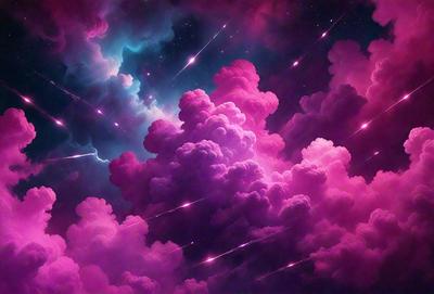 The primary subject of the image is a purple cloud with pink and blue accents, surrounded by a purple sky. The setting is a space with a backdrop of stars, creating a celestial atmosphere. The visual style is a digital art or illustration, with a vibrant and colorful appearance. The dominant colors are purple, pink, and blue, giving the scene a lively and energetic mood.