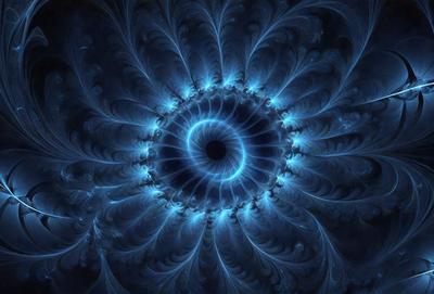 The primary subject of the image is a blue, swirling, and circular pattern, which appears to be a digital art or illustration. The setting is a dark background, which contrasts with the bright blue swirls. The visual style is a combination of digital art and illustration, creating a unique and captivating design. The colors and mood of the image are predominantly blue, giving it a calm and serene atmosphere.