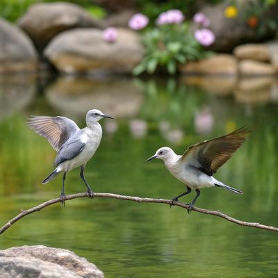 The primary subject of the image is a pair of birds perched on a thin branch over a body of water. The birds are facing each other, creating a sense of connection or interaction between them. The setting is a serene environment with a pond, rocks, and a flowering bush nearby. The visual style of the image is a photo, capturing the birds in their natural habitat. The colors and mood of the image are predominantly calm and peaceful, with the water and surrounding plants adding to the tranquil atmosphere