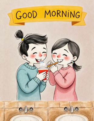 The image features two children, a boy and a girl, sitting next to each other and enjoying a snack. They are eating from a cup and a bowl, with a spoon in the bowl. The children are smiling and appear to be having a good time. The setting is indoors, with a brick wall visible in the background. The visual style is a hand-drawn illustration, giving the image a warm and friendly atmosphere.