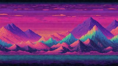 The primary subject of the image is a mountain range with a purple sky in the background. The setting is a beautiful landscape with a mountain range in the foreground and a sky with a purple hue. The visual style of the image is a digital art or illustration, creating a vibrant and colorful scene. The colors and mood of the image are predominantly purple, giving it a serene and dreamy atmosphere.