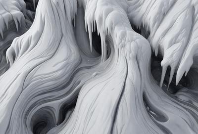 The primary subject of the image is a large, white, and textured object that resembles a mountain or a sculpture. The setting is a dark background, which contrasts with the white object. The visual style appears to be a combination of digital art and illustration, creating a unique and intriguing scene. The colors and mood of the image are predominantly dark, with the white object standing out as the main focal point.