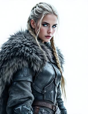 The primary subject of the image is a woman wearing a medieval-style outfit, which includes a fur coat and a leather dress. She is posing for the camera, and her eyes are looking directly at the viewer. The setting is a white background, which provides a clean and minimalistic look to the image. The visual style is a combination of digital art and illustration, creating a unique and intriguing scene. The colors in the image are predominantly grays and browns, giving the image a somewhat dark
