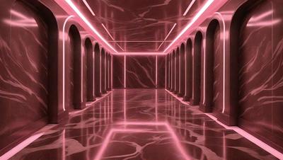 The primary subject of the image is a long hallway with a marble floor. The setting is a large, open space with a pink glow, giving the area a unique and visually striking appearance. The visual style of the image is a combination of photo and digital art, creating a surreal and futuristic atmosphere. The dominant colors in the scene are pink and marble, which contribute to the overall mood of the image.