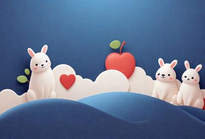 The primary subject of the image is a white bunny rabbit sitting on a blue surface. The setting is a blue sky with clouds, and the visual style is a digital illustration. The dominant colors are blue and white, creating a calm and serene atmosphere.