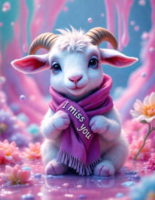 The primary subject of the image is a small, cute, and fluffy white sheep with a pink scarf around its neck. The sheep is standing on a pink surface, which adds a playful and whimsical touch to the scene. The visual style of the image is a combination of photo and digital art, creating a unique and charming appearance. The colors and mood of the image are predominantly pink, which gives it a warm, friendly, and inviting atmosphere.