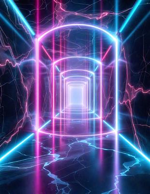 The primary subject of the image is a long, narrow tunnel with a pink light illuminating it. The tunnel appears to be made of stone and has a futuristic, neon-lit atmosphere. The setting is a dark, underground environment, and the visual style is a combination of photo and digital art. The dominant colors are pink and purple, creating a unique and striking ambiance.