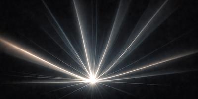 The primary subject of the image is a bright light source, possibly a light bulb or a lightning bolt, emitting a beam of light. The light source is located in the center of the image, and its rays are spreading outwards, creating a starburst pattern. The setting is a dark background, which contrasts with the bright light source, emphasizing its intensity. The visual style of the image is a combination of photo and digital art, as it captures the light source's rays in a way