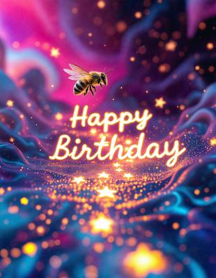 Happy Birthday: [The main object, scene, or focus of the image is a bee with the words "Happy Birthday" written around it. The setting is a purple background with stars, creating a festive and celebratory atmosphere.]