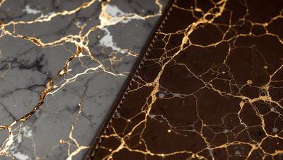 The primary subject of the image is a brown leather wallet with a gold-colored design. The wallet is placed on a grey marbled surface, which serves as the setting for the scene. The visual style of the image is a combination of photo and digital art, creating a unique and eye-catching design. The dominant colors in the image are brown and gold, giving the wallet a luxurious and elegant appearance.