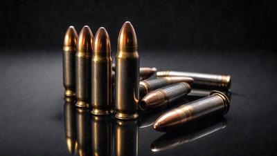 The primary subject of the image is a group of five bullets, which are the main objects in the scene. They are arranged on a black surface, which serves as the background. The visual style of the image is a photo, capturing the details of the bullets. The colors in the image are predominantly black, giving it a dark and serious atmosphere.