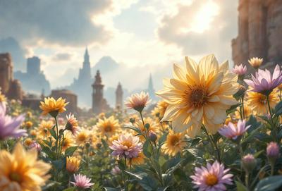 The primary subject of the image is a field of yellow flowers, with a sunflower being the most prominent. The setting is a beautiful landscape with a city in the background, creating a picturesque scene. The visual style is a combination of photo and digital art, giving the image a vibrant and lively appearance. The dominant colors are yellow and orange, creating a warm and cheerful atmosphere.