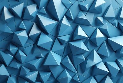 The primary subject of the image is a blue wall with a pattern of blue triangles. The setting is a room with a blue background, and the visual style is a digital art or illustration. The dominant colors are blue, and the overall atmosphere is calm and soothing.