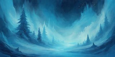 The primary subject of the image is a snowy landscape with a blue sky. The setting is a mountainous area with trees and a body of water. The visual style is a digital art or illustration, creating a serene and peaceful atmosphere. The dominant colors are blue and white, with the blue sky and snowy landscape creating a sense of tranquility.