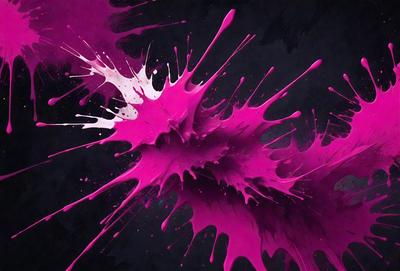 The primary subject of the image is a pink splash of paint, which is the main focus of the scene. The setting is a black background, which contrasts with the vibrant pink color of the paint splash. The visual style of the image is a combination of photo and digital art, as it appears to be a close-up of the paint splash, but also has a digital art-like quality to it. The colors and mood of the image are predominantly pink, creating a lively and
