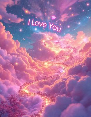 The primary subject of the image is a heart-shaped message that reads "I love you." The setting is a pink and purple cloudy sky, which serves as the backdrop for the message. The visual style is a digital art or illustration, creating a whimsical and romantic atmosphere. The dominant colors are pink and purple, which are associated with love and affection.