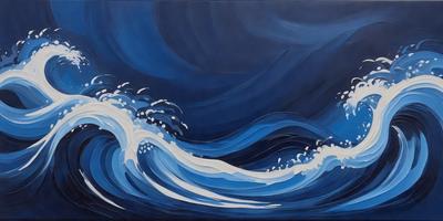 The primary subject of the image is a large wave in the ocean. The wave is blue and white, and it appears to be crashing onto the shore. The setting is the ocean, with the wave being the main focus of the image. The visual style is a painting, which gives the scene a more artistic and dramatic appearance. The dominant colors are blue and white, creating a sense of motion and energy in the image.