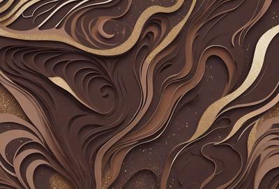 The primary subject of the image is a chocolate cake with a swirled design. The cake is placed on a table, and its swirls are made of chocolate. The setting is a dining table, and the visual style is a close-up of the cake. The colors and mood of the image are predominantly brown, giving it a warm and inviting atmosphere.