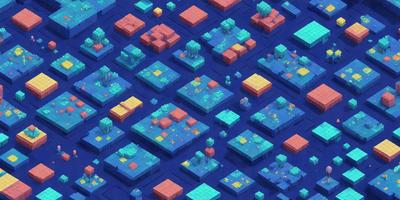 The primary subject of the image is a blue and yellow grid pattern. The setting is a blue background, and the visual style is digital art. The dominant colors are blue and yellow, creating a vibrant and lively atmosphere.