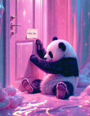 The primary subject of the image is a panda bear sitting on the floor in front of a pink door. The setting appears to be a room with a pink background. The visual style is a digital art or illustration, creating a whimsical and playful atmosphere. The colors are predominantly pink, which adds to the overall mood of the scene.