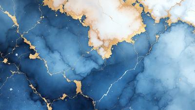 The primary subject of the image is a blue marble surface with gold accents. The setting is a blue and white marble wall, which serves as the background. The visual style is a combination of photo and digital art, creating a unique and intricate design. The dominant colors are blue and gold, giving the scene a luxurious and elegant atmosphere.