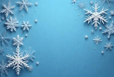 The primary subject of the image is a blue background with a pattern of white snowflakes. The setting is a clear blue sky, and the visual style is a digital art or illustration. The dominant colors are blue and white, creating a calm and serene atmosphere.