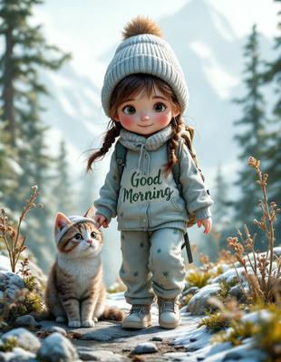 The primary subject of the image is a young girl wearing a sweatshirt and a hat, standing next to a cat. The setting is a snowy environment, with the girl and the cat standing on a snow-covered ground. The visual style of the image is a digital art or illustration, with the girl and the cat being the main focus of the scene. The colors and mood of the image are predominantly white and cold, with the snow and the girl's clothing contributing to the overall atmosphere