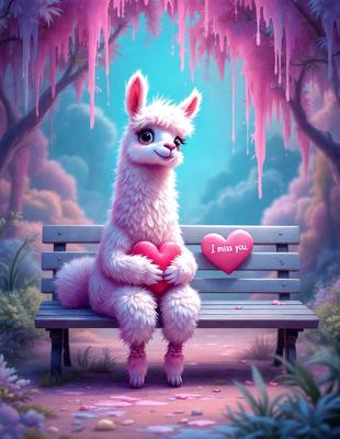 The primary subject of the image is a cute, pink, fluffy, and anthropomorphic lama sitting on a bench. The lama is holding a heart in its lap, which is a symbol of love. The setting is a park with a pink sky, adding a whimsical and romantic atmosphere to the scene. The visual style is a digital art or illustration, creating a unique and imaginative portrayal of the lama. The colors and mood of the image are predominantly