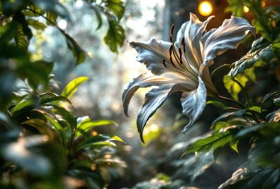 The primary subject of the image is a white flower, possibly a lily, with long petals and a delicate appearance. The flower is situated in a forest setting, surrounded by green leaves and a natural environment. The visual style of the image is a close-up, focusing on the flower's details and texture. The colors in the image are predominantly green and white, creating a serene and peaceful atmosphere.