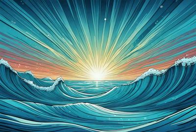 The primary subject of the image is a beautiful sunset over the ocean. The sun is setting behind the waves, creating a serene and picturesque scene. The setting is the ocean, with the waves providing a dynamic backdrop for the sunset. The visual style of the image is a combination of digital art and illustration, creating a vibrant and captivating atmosphere. The dominant colors in the image are blue, orange, and yellow, reflecting the warmth and beauty of the sunset. The overall mood of the