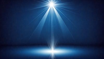 The primary subject of the image is a bright light source, possibly a star or a light bulb, shining in a dark blue background. The light source appears to be the main focus of the image, and its brightness contrasts with the surrounding darkness. The visual style of the image is a combination of a photo and digital art, as it captures the light source's glow and its reflection on the dark blue background. The colors and mood of the image are predominantly dark and moody, with the bright light