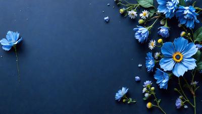 The primary subject of the image is a bouquet of blue flowers, which are scattered across a blue background. The setting appears to be a dark, moody environment, possibly a nighttime scene. The visual style of the image is a close-up of the flowers, with a focus on their vibrant blue color. The overall atmosphere of the image is serene and calming, with the blue flowers serving as a striking focal point.
