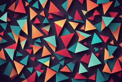 The primary subject of the image is a colorful geometric pattern, featuring a mix of red, blue, yellow, and green colors. The pattern is composed of various shapes, including triangles and diamonds, creating a visually appealing and vibrant design. The setting or background of the image is a dark or black surface, which contrasts with the bright and lively pattern. The visual style of the image is a combination of digital art and illustration, showcasing the artist's creativity and skill in crafting a