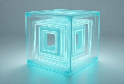 The primary subject of the image is a blue, lighted, three-dimensional cube. The setting is a white background, which provides a clean and minimalist appearance. The visual style is a combination of digital art and illustration, creating a unique and eye-catching design. The dominant colors are blue and white, giving the image a modern and futuristic feel.
