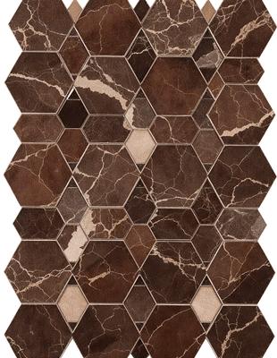 The primary subject of the image is a marble tile with a unique pattern. The setting is a wall, and the visual style is a close-up of the tile. The colors and mood of the image are predominantly brown and earthy, giving it a natural and elegant appearance.