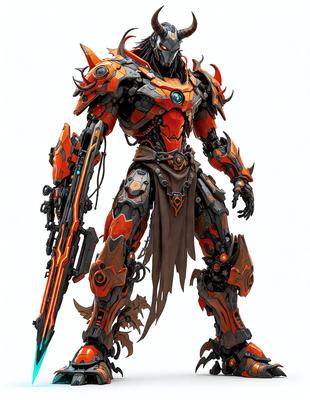 The primary subject of the image is a robot with a sword, standing on a white surface. The robot is the main focus of the image, and it appears to be a digital art or illustration. The robot is orange and black, giving it a menacing and futuristic appearance. The setting is minimalistic, with the robot being the only object in the scene. The overall atmosphere of the image is one of futuristic technology and power.