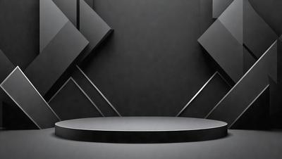 The primary subject of the image is a large, black, and white square platform. The setting is a black room with a black wall, creating a contrasting backdrop. The visual style is a combination of photo and digital art, giving the image a unique and modern appearance. The colors and mood are predominantly black and white, with a touch of gray, creating a sleek and sophisticated atmosphere.