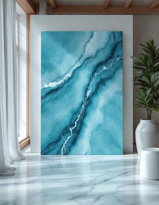 The primary subject of the image is a large, blue, abstract painting of waves. The painting is displayed on a wall, and it appears to be a digital art piece. The setting is a room with a window, and there is a potted plant in the background. The visual style is modern and contemporary, with the dominant colors being blue and white. The overall atmosphere of the image is calm and serene, with the blue waves painting evoking a sense of tranquility.