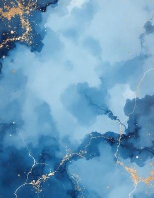 The primary subject of the image is a blue and gold painting of a cloudy sky. The setting is a blue background, and the visual style appears to be a digital art or illustration. The dominant colors in the painting are blue and gold, creating a serene and calming atmosphere.