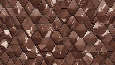 The primary subject of the image is a brown marble tile wall with a pattern of hexagonal shapes. The setting is a room with a brown marble tile floor. The visual style is a close-up of the marble tile wall, showcasing the intricate pattern and texture. The dominant colors are brown and black, giving the wall and floor a warm and sophisticated appearance.