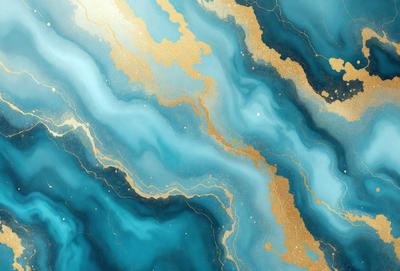 The primary subject of the image is a blue and gold painting of a waterfall. The setting is a blue and gold background, which complements the painting. The visual style is a digital art or illustration, showcasing the artist's skill in creating a realistic waterfall scene. The colors and mood of the painting are vibrant and lively, with the blue and gold tones creating a sense of depth and beauty.