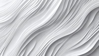 The primary subject of the image is a large, white, curved wall with a wave-like pattern. The setting is a white room, and the visual style appears to be a combination of digital art and illustration. The dominant colors are white and gray, creating a clean and minimalist atmosphere.