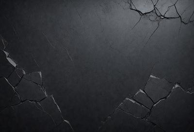 The primary subject of the image is a black wall with a cracked and damaged appearance. The setting is a dark room, and the visual style is a close-up of the wall. The colors and mood of the image are predominantly dark and moody, with the black wall and the cracked surface creating a sense of decay and damage.