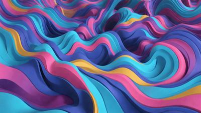 The primary subject of the image is a colorful, abstract design featuring a mix of blue, pink, yellow, and orange colors. The setting is a three-dimensional surface, possibly a sculpture or a piece of art. The visual style appears to be a combination of digital art and illustration, creating a vibrant and dynamic appearance. The colors and mood of the image are lively and energetic, with the various shades of blue, pink, yellow, and orange creating a sense of movement and dynamism