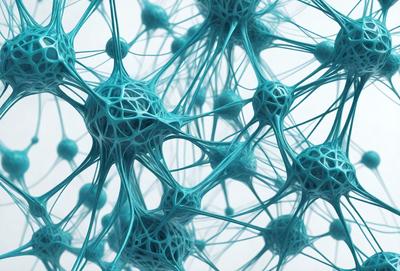 The primary subject of the image is a close-up of a blue, three-dimensional structure that resembles a network of interconnected tubes or a spider web. The setting is a white background, which provides a clean and uncluttered environment for the subject. The visual style is a combination of digital art and illustration, creating a unique and intricate design. The dominant colors are blue and white, giving the image a calm and serene atmosphere.