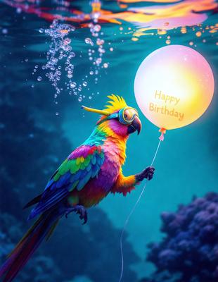 The primary subject of the image is a colorful parrot holding a birthday balloon. The parrot is positioned in the center of the image, and the balloon is located above it. The setting appears to be underwater, with the parrot surrounded by a vibrant and lively aquatic environment. The visual style of the image is a combination of photo and digital art, creating a unique and eye-catching scene. The dominant colors in the image are shades of blue, green, and pink