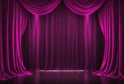 The primary subject of the image is a purple curtain, which is the main object, scene, or focus of the image. The setting is a stage, with the curtains hanging down, creating a theatrical atmosphere. The visual style is a photo, capturing the purple curtains in their natural environment. The colors and mood of the image are predominantly purple, creating a dramatic and artistic ambiance.