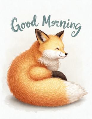 The primary subject of the image is a fox, which is sitting on the ground and smiling. The setting is a white background, and the visual style is a digital illustration. The colors are predominantly orange and white, creating a warm and friendly atmosphere.