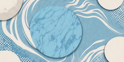 The primary subject of the image is a blue marble, which is the main object in the scene. The setting is a blue and white marbled surface, which serves as the backdrop for the image. The visual style is a combination of a photo and a digital art, illustration, or drawing. The dominant colors in the image are blue and white, creating a calm and serene atmosphere.